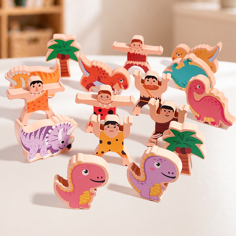 Wooden Blocks Stacking - İlkel Dinozor Denge İstifleme Blokları, Ahşap
