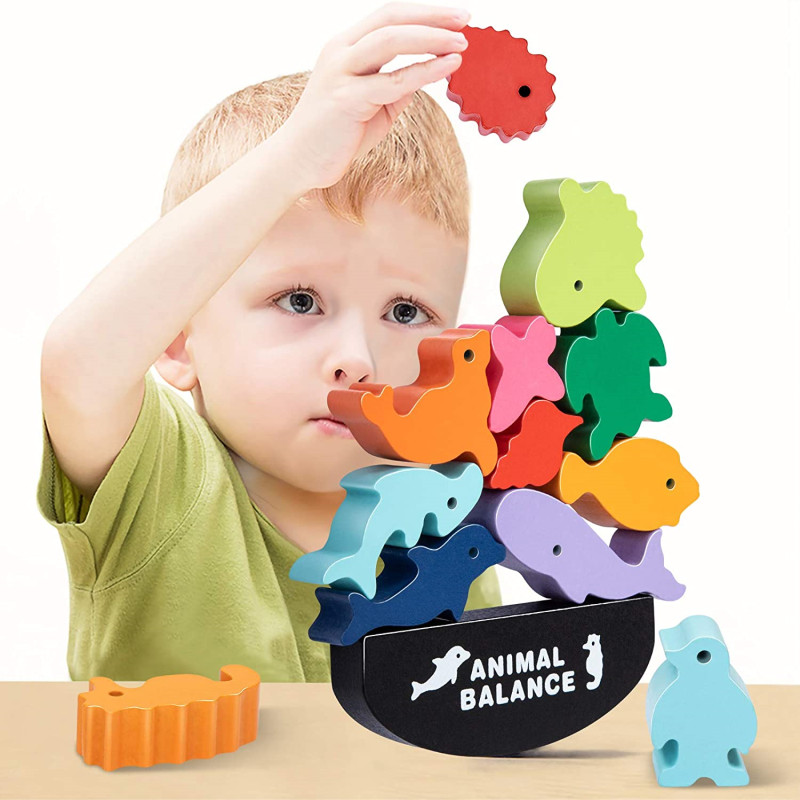 Wooden Blocks Stacking - Yeni çocuk Montessori ahşap hayvan denge