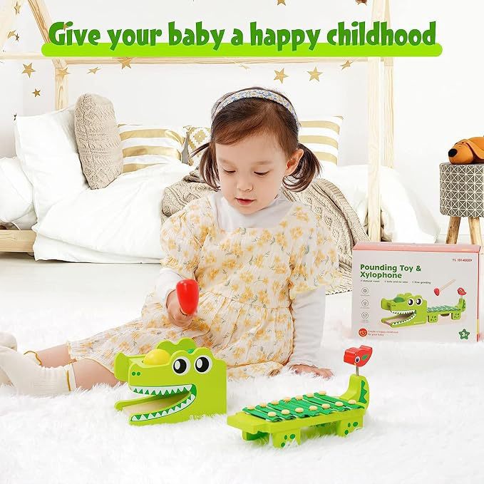 Kids Toys Xylophone - Montessori Ahşap Timsah Ksilofon Oyuncak, Top