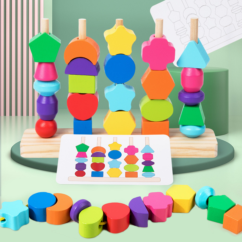 Wooden Blocks Stacking - Montessori Ahşap Boncuk Sıralama Oyuncak Seti,